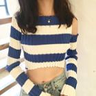 Striped Off-shoulder Long-sleeve Slim-fit Knit Top