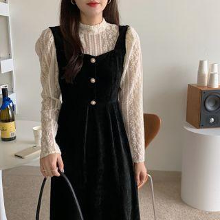 Long-sleeve Mock Two-piece Lace Midi Dress Black - One Size