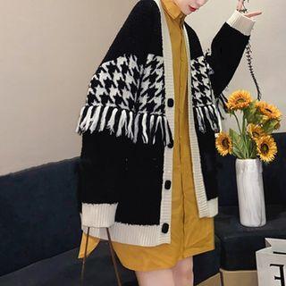 Contrast Trim Houndstooth Knit Cardigan