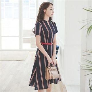 Half-placket Stripe Shirtdress With Belt