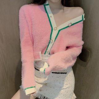 Furry Cardigan / Fringed A-line Mini Tweed Skirt