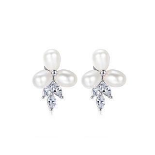 Fashion And Elegant Flower Freshwater Pearl Earrings With Cubic Zirconia Silver - One Size