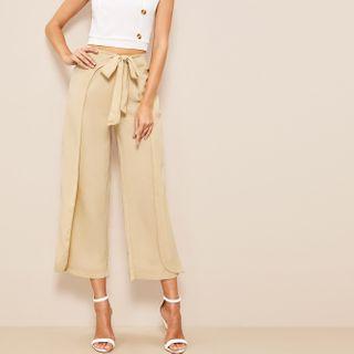 Zip Back Tie-waist Wrap Wide Leg Dress Pants