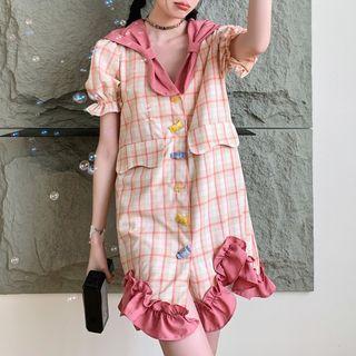 Puff-sleeve Plaid Ruffle Mini Sheath Dress