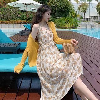 Floral Strappy Midi A-line Dress / Cardigan