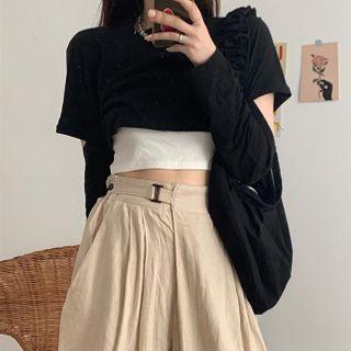Long-sleeve Cutout Crop Top / Cropped Camisole Top / Wide Leg Pants / Set