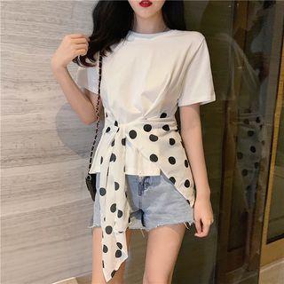 Short-sleeve Polka Dot Drawstring Waist T-shirt