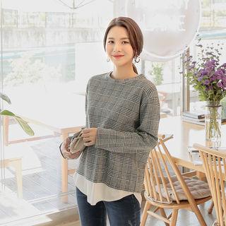 Round-neck Layered-hem Glen-plaid T-shirt