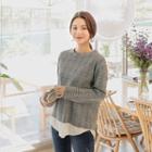 Round-neck Layered-hem Glen-plaid T-shirt