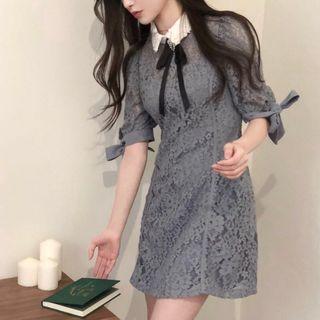 Elbow-sleeve Collared Lace Dress