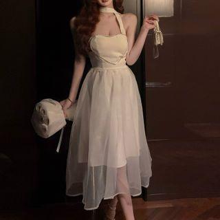Halter Mesh Panel Midi A-line Dress