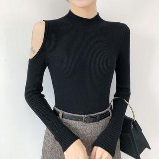 Long-sleeve Cold Shoulder Mock-neck Knit Top