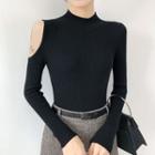 Long-sleeve Cold Shoulder Mock-neck Knit Top
