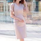 V-neck Mock Two-piece Short-sleeve Mini Sheath Dress