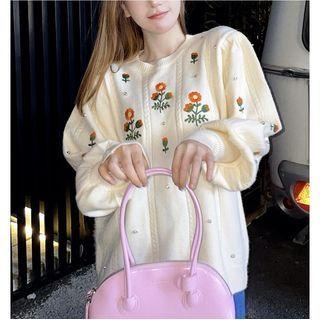 Embroidered Round-neck Sweater Top Almond - One Size