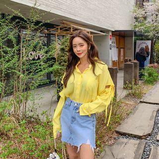 Tie-sleeve Linen Blend Boxy Blouse