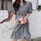 Gingham Short-sleeve Ruffle Hem Mini A-line Dress As Shown In Figure - One Size