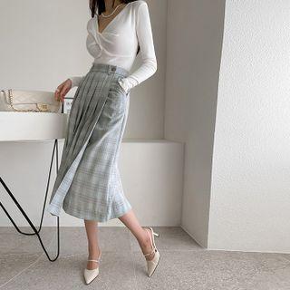 Pleated Plaid Long Wrap Skirt
