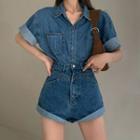 Short-sleeve Denim Top / High-waist Denim Shorts