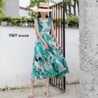 Printed Sleeveless Midi Chiffon Dress Leaf - Green - One Size