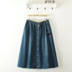 Drawstring Washed Embroidered Denim A-line Skirt