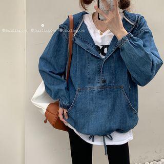 V-neck Hooded Denim Sweatshirt