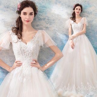 Short-sleeve Embellished A-line Wedding Gown