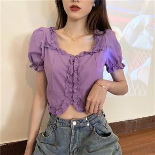 Square-neck Ruched Plain Blouse
