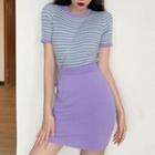 Set: Short-sleeve Striped Knit Top + Mini Sheath Skirt Top - Stripe - Purple - One Size / Skirt - Purple - One Size