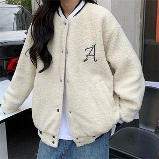 Fleece Lettering Embroidered Long-sleeve Baseball Jacket