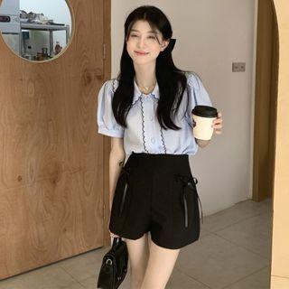 Puff-sleeve Embroidered Trim Blouse / Bow Shorts