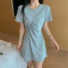 Plain Short-sleeve Shirred Mini A-line T-shirt Dress