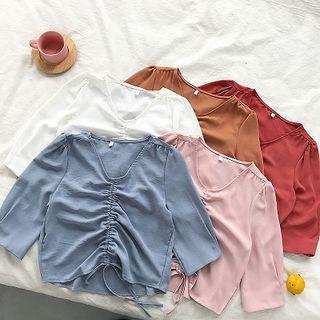 Plain Frilled Lace-up Elbow-sleeve Top