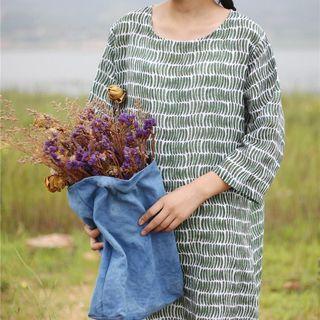 3/4-sleeve Floral Ramie Dress