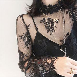 Lantern-sleeve Lace Mesh Blouse