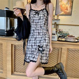 Butterfly Plaid Tie Accent Frill Trim Pinafore Dress / Drawstring Cape