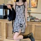 Butterfly Plaid Tie Accent Frill Trim Pinafore Dress / Drawstring Cape
