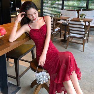 Spaghetti-strap Ruffled Midi Sheath Dress