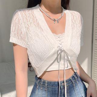 Short-sleeve Tie-strap Cropped Cardigan