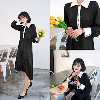 Contrast-collar Asymmetric-hem Long Dress