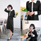 Contrast-collar Asymmetric-hem Long Dress