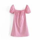 Puff-sleeve Tie-neck Gingham Mini A-line Dress
