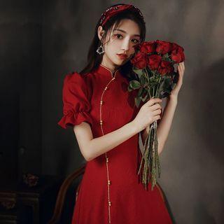 Short-sleeve Contrast Stitching Qipao Evening Dress