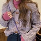 Knit Large Lapel Long-sleeve Cardigan Purple - One Size