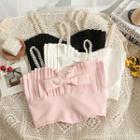 Ribbon-accent Pearl-strap Pleated Top