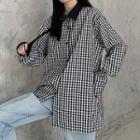 Long-sleeve Gingham Button-down Casual Shirt Black & White - One Size