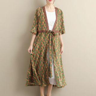 Printed Elbow-sleeve Lace-up Jacket