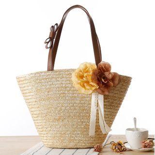 Flower Applique Woven Tote Bag As Shown In Figure - One Size