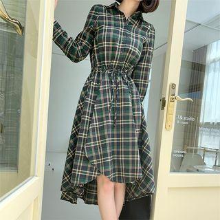 Checked Asymmetric-hem Shirtdress Khaki - One Size