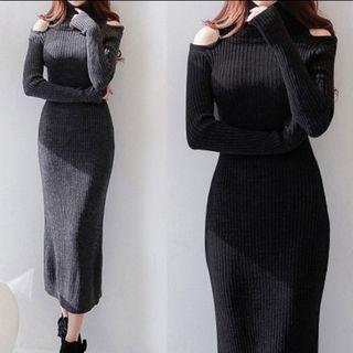 Cutout-shoulder Sheath Sweater Dress